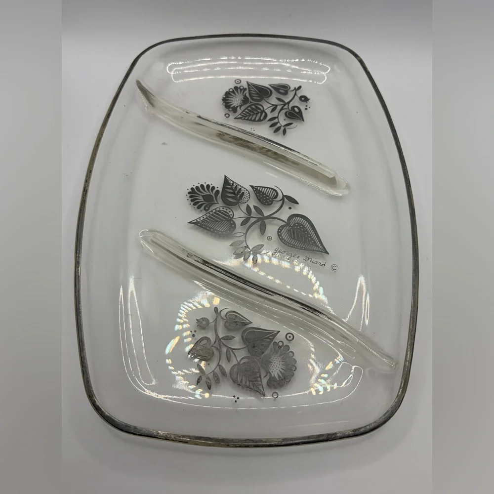 Georges Briard MCM Vintage Divided Silver Botanical Floral Glass Serving Tray